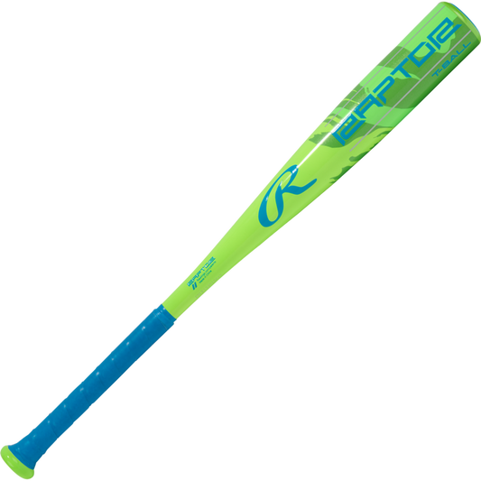 The 2026 Rawlings Raptor (-12) 2 1/4" USA T-Ball Baseball Bat (RTB6R12) features a neon green and blue design, "Raptor" graphics, a blue grip, lightweight alloy build, and is approved for USA Baseball.
