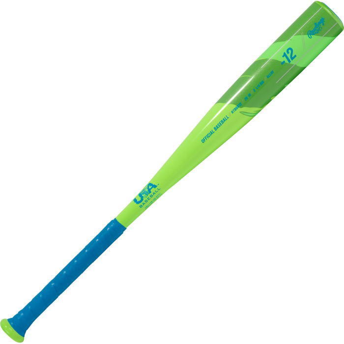 The 2026 Rawlings Raptor (-12) 2 1/4" USA T-Ball Baseball Bat (RTB6R12) features a lightweight alloy build, a blue textured grip handle, and a bright green barrel with "USA Baseball" and "Official Baseball Bat" printed on it.