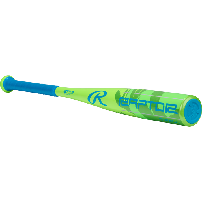 The 2026 Rawlings Raptor (-12) 2 1/4" USA T-Ball Bat (RTB6R12) features neon green and blue colors, a lightweight alloy build, USA Baseball approval, "Raptor" and R logo on the barrel, blue grip, and end cap on a white background.