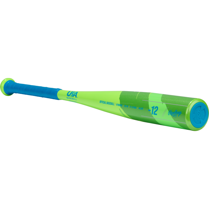 A neon green and blue Rawlings 2026 Raptor (-12) 2 1/4" USA T-Ball Baseball Bat (RTB6R12), featuring a blue grip and lightweight alloy, is shown on a white background with “USA BASEBALL” and “-12” on the side.