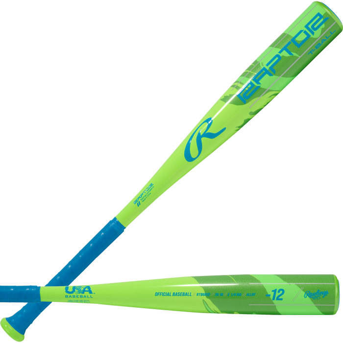 Two vibrant neon green and blue Rawlings 2026 Raptor (-12) 2 1/4" USA T-Ball Baseball Bats (RTB6R12) are displayed on a white background, each with lightweight alloy construction, bold graphics, blue handles, and Raptor & USA logos.