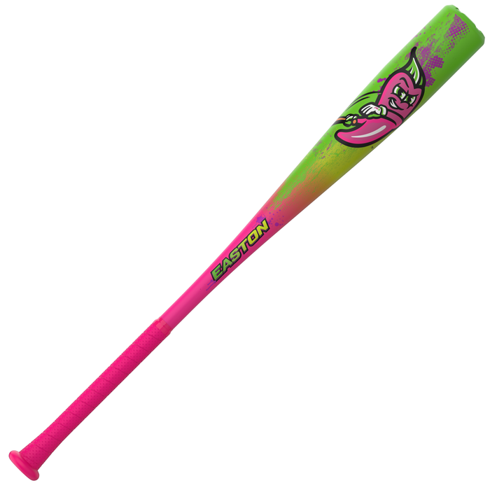 Introducing the 2027 Easton Cosmic Chili Peppers (-10) 2 3/4″ USSSA Baseball Bat: EUT7CCP10—a vibrant bat from Easton with a pink handle and green barrel, decorated with the iconic Easton name and a playful cartoon chili pepper graphic. Crafted from durable ALX100 Alloy for top-tier performance, this bat delivers a balanced swing weight that’s ideal for young players.