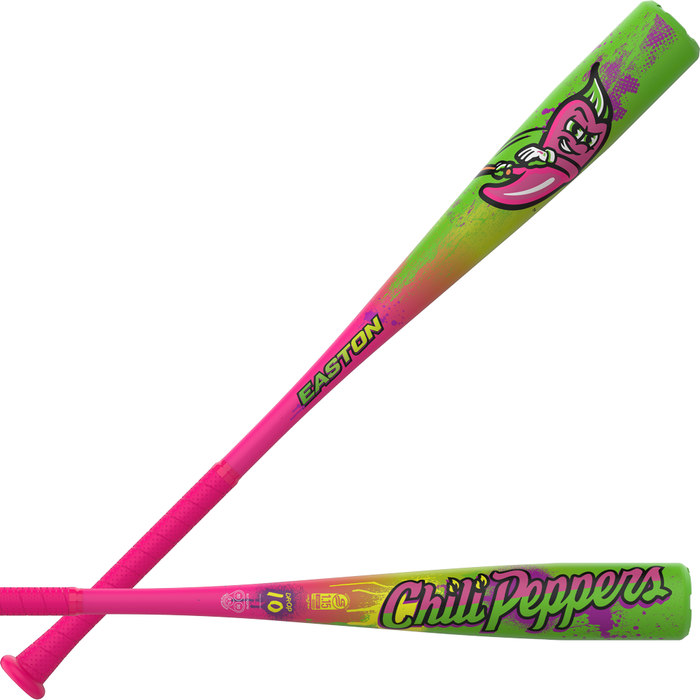 Here’s a revised sentence using your product data: Two views of the Easton 2027 Cosmic Chili Peppers (-10) 2 3/4″ USSSA Baseball Bat (EUT7CCP10), showcasing its vibrant pink, green, and yellow design with bold “Easton” and “Chili Peppers” text and a cartoon chili pepper graphic on the barrel. This bat features durable ALX100 Alloy construction and a balanced swing weight for optimal performance.