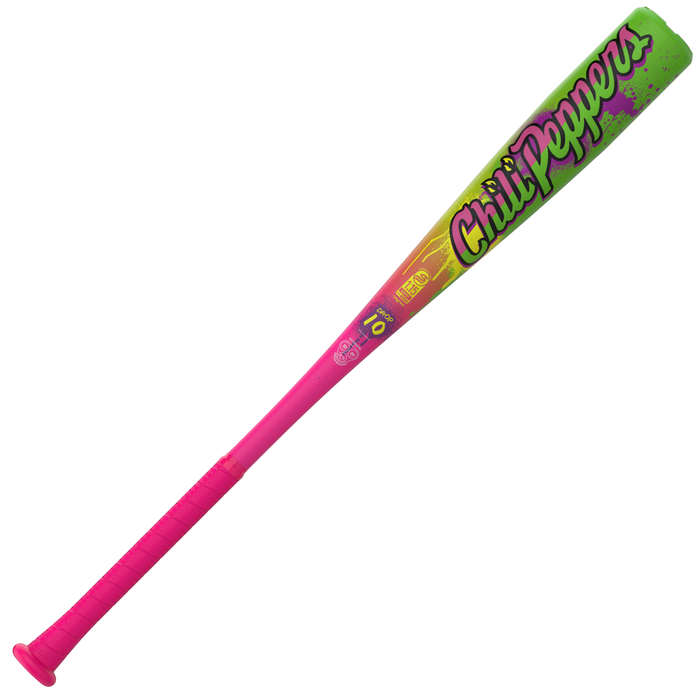 The 2027 Easton Cosmic Chili Peppers (-8) 2 3/4″ USSSA Baseball Bat (EUT7CCP8) by Easton features a bright pink handle and a green barrel adorned with bold “Chili Peppers” lettering, vibrant chili pepper graphics, and colorful accents. Part of the Easton Cosmic Chili Peppers series, this bat is constructed from durable ALX100 Alloy for reliable performance at the plate.