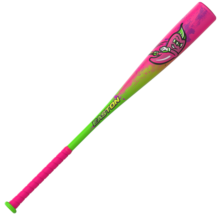 A vibrant neon pink and green 2027 Easton Cosmic Chili Peppers (-8) 2 5/8″ USA Baseball Bat (EUS7CCP8) features a wrapped grip, an illustrated angry character on the barrel, and is constructed from durable ALX100 Alloy for a balanced swing weight.