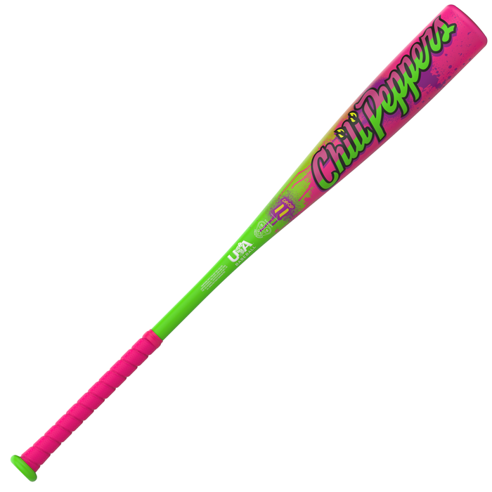 A vibrant baseball bat featuring a pink handle, green grip, and “Chili Peppers” written in green and yellow on its pink barrel. The 2027 Easton Cosmic Chili Peppers (-8) 2 5/8″ USA Baseball Bat: EUS7CCP8 by Easton boasts striking green, pink, and yellow accents, durable ALX100 Alloy construction, and a balanced swing weight for smooth performance.