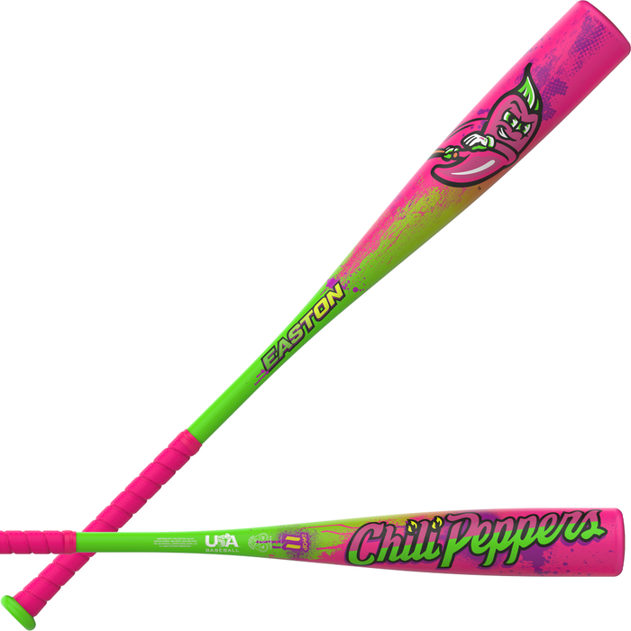 Energize the field with two neon-inspired baseball bats featuring eye-catching pink and green designs, each capturing the bold flair of the Easton 2027 Cosmic Chili Peppers (-8) 2 5/8″ USA Baseball Bat (EUS7CCP8). One showcases “Chili Peppers” lettering, while the other highlights a vibrant chili pepper graphic. Both bats offer ALX100 Alloy construction for durability, a balanced swing weight for smooth performance, pink handles, bright green accents, and iconic Easton branding.