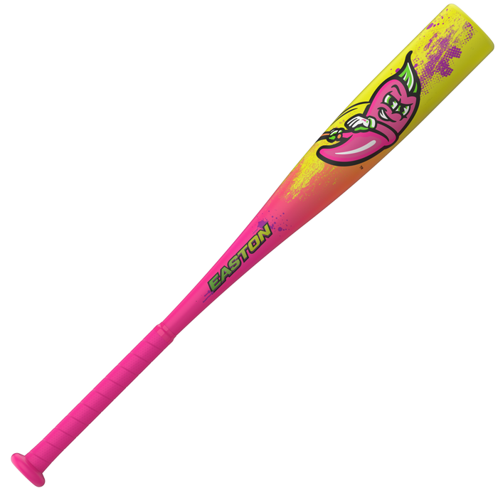 The 2027 Easton Cosmic Chili Peppers JBB (-11) 2 3/4″ USSSA Baseball Bat (EJB7CCP11) by Easton boasts a vibrant pink and yellow design with a lively cartoon chili pepper logo, constructed from durable ALX50 Alloy and finished with a bright pink grip on the handle.