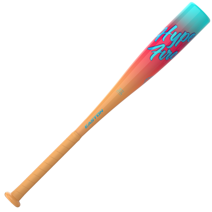 The 2027 Easton Hype Fire (-13) 2 5/8" USA T-Ball Baseball Bat (ETB7HYP13) features a tan handle and a barrel that transitions from orange to teal, accented with bright "Hyper Area" lettering. Crafted by Easton and equipped with Hyperlite Composite technology, this USA Baseball bat is an outstanding choice for young T-ball players.