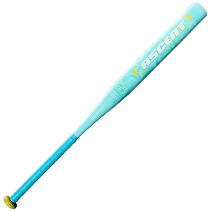 A turquoise and yellow Louisville Slugger Ascent (-12) Fastpitch Softball Bat (WBL4280010) with ASCENT printed on the barrel, featuring a brand logo near the barrel, a textured grip, and a lightweight composite design.