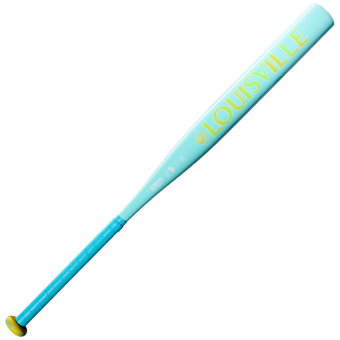 The 2027 Louisville Slugger Ascent (-12) Fastpitch Softball Bat (WBL4280010) features a light blue barrel with “LOUISVILLE” in bold yellow letters and a distinctive yellow knob, making this lightweight Louisville Slugger bat ideal for players who value speed and control.