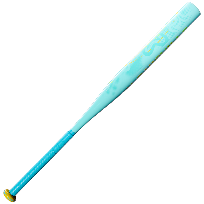 The 2027 Louisville Slugger Ascent (-12) Fastpitch Softball Bat: WBL4280010 features a striking turquoise and yellow colorway, with a yellow handle knob, turquoise grip, and a white and yellow pattern along the barrel, shown on a white background.