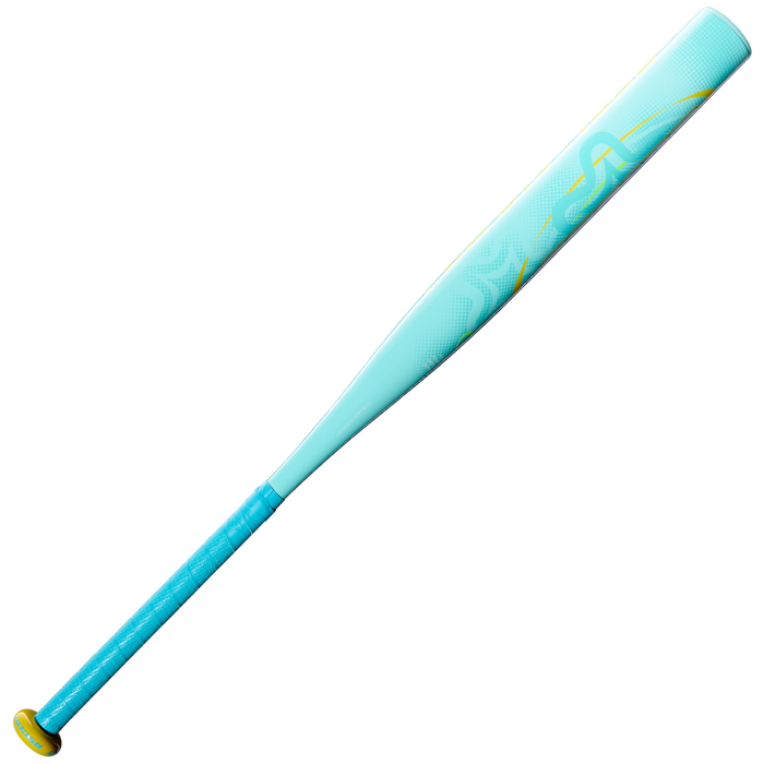 The 2027 Louisville Slugger Ascent (-12) Fastpitch Softball Bat (WBL4280010) by Louisville Slugger is showcased on a white background, featuring a turquoise color with abstract yellow patterns near the barrel and a yellow grip. This lightweight bat offers a sleek design, making it ideal for fastpitch players who prioritize speed and control.
