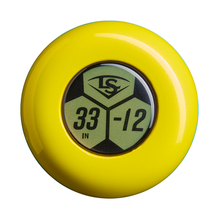 A round, yellow Louisville Slugger Ascent (-12) Fastpitch Softball Bat features a lightweight design and a central hexagonal label displaying “LS”, “33 IN”, and “-12” in black text on a green background.