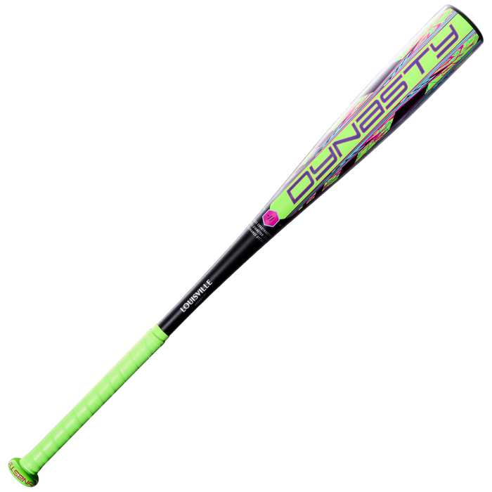 Experience the 2027 Louisville Slugger Dynasty (-11) 2 5/8″ USA Baseball Bat (WL2700101), a neon green and black one-piece alloy bat featuring DYNASTY boldly printed on the barrel and LOUISVILLE near the handle. This Louisville Slugger model is equipped with a bright green grip, colorful accents, and offers a balanced swing weight for optimal performance.