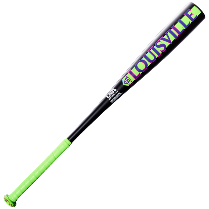 The 2027 Louisville Slugger Dynasty (-11) 2 5/8″ USA Baseball Bat (model WL2700101) features a sleek black one-piece alloy design with neon green grip and accents, and the bold purple and yellow “LOUISVILLE” marking on the barrel. This bat offers a balanced swing weight for optimal performance.