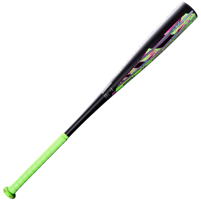 The 2027 Louisville Slugger Dynasty (-11) 2 5/8″ USA Baseball Bat (WL2700101), featuring a neon green handle and vibrant geometric patterns on its black barrel, is a one-piece alloy bat designed for balanced swing weight and is shown against a white background.