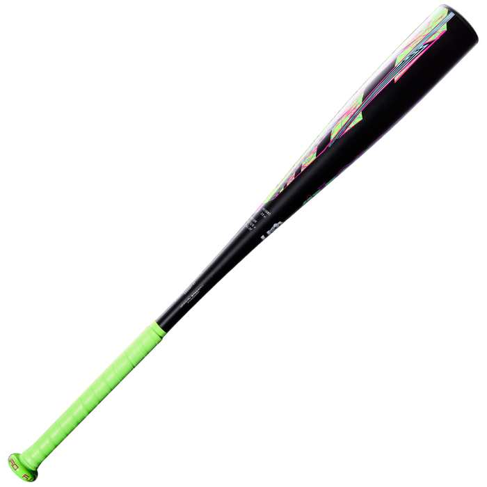 The Louisville Slugger 2027 Dynasty (-11) 2 5/8″ USA Baseball Bat (WL2700101), a one-piece alloy bat with a neon green handle and black barrel highlighted by green and pink accents, is displayed on a white background and engineered for a balanced swing weight.