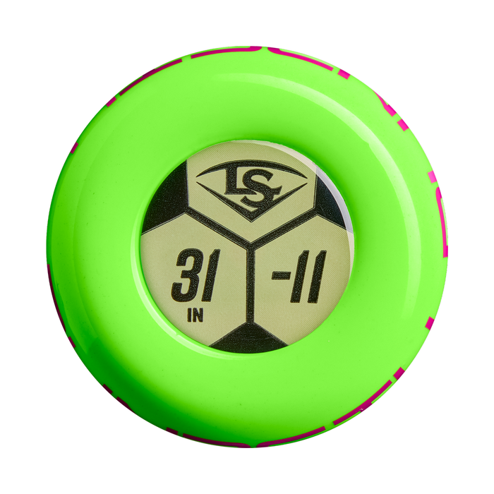 A vibrant green, circular emblem featuring a black and gold center with “LS,” “31 IN,” and “-11” displayed—characteristic of Louisville Slugger branding—resembles the label for the 2027 Louisville Slugger Dynasty (-11) 2 5/8″ USA Baseball Bat (WL2700101), indicating attributes such as a balanced swing weight and one-piece alloy construction.