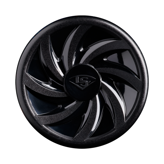 A glossy black circular end cap featuring a swirl pattern and the embossed LS logo at its center, viewed from above on a white background—resembling the distinctive cap of the 2027 Louisville Slugger Omaha (-10) 2 5/8″ USA Baseball Bat (WBL4262010), a premium one-piece alloy bat from Louisville Slugger known for its balanced swing weight.