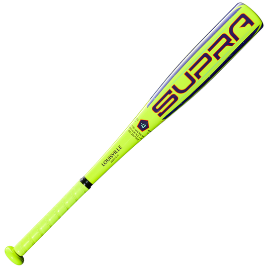 The 2027 Louisville Slugger Supra (-13) 2 5/8″ USA T-Ball Baseball Bat (WBL4266010) is a neon yellow, lightweight bat featuring bold SUPRA lettering along the barrel and prominent Louisville Slugger branding near the handle, displayed against a white background.