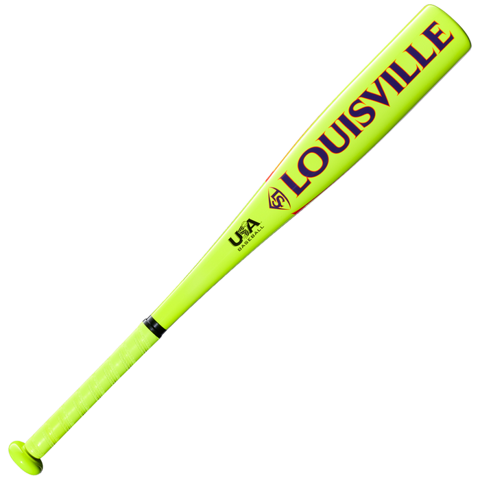 A neon yellow 2027 Louisville Slugger Supra (-13) 2 5/8″ USA T-Ball Baseball Bat (WBL4266010) featuring red lettering and a black USA Baseball logo near the handle, displayed on a white background.