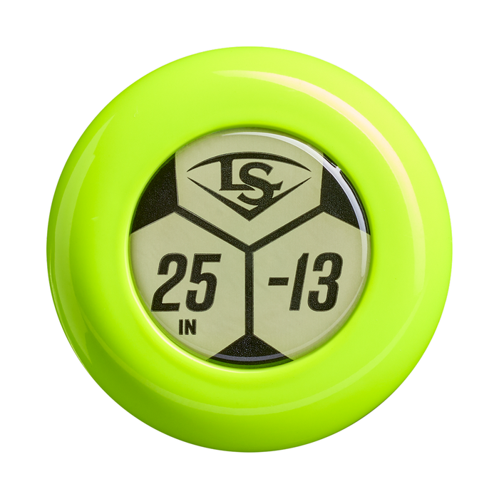 A round, bright yellow-green object reminiscent of the barrel of a lightweight bat, featuring a display with “Louisville Slugger,” “25 in,” and “-13” inside a hexagonal pattern, as seen on the 2027 Louisville Slugger Supra (-13) 2 5/8″ USA T-Ball Baseball Bat (WBL4266010).