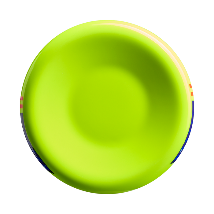 A vibrant green, round, plastic bowl photographed from above on a white background, echoing the lively hue featured on the Louisville Slugger Supra (-13) 2 5/8″ USA T-Ball Baseball Bat (WBL4266010).