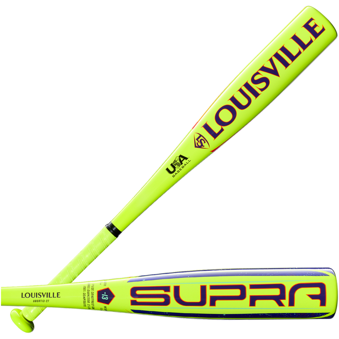 Two neon yellow 2027 Louisville Slugger Supra (-13) 2 5/8″ USA T-Ball Baseball Bats (model WBL4266010), one featuring the bold LOUISVILLE SLUGGER branding and the other showcasing SUPRA graphics with striking blue and purple accents; both equipped with black handles. These lightweight Louisville Slugger T-Ball bats are ideal for young athletes, providing outstanding control and balance on the field.