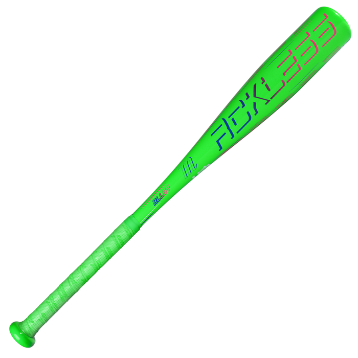 A lime green Marucci 2027 RCKLESS (-11) 2 5/8″ USA Tee Ball Baseball Bat (model MTBR2), featuring the word “RECKLESS” in bold purple letters on the barrel, a textured handle grip, and Ring-Free Barrel Construction for enhanced performance.