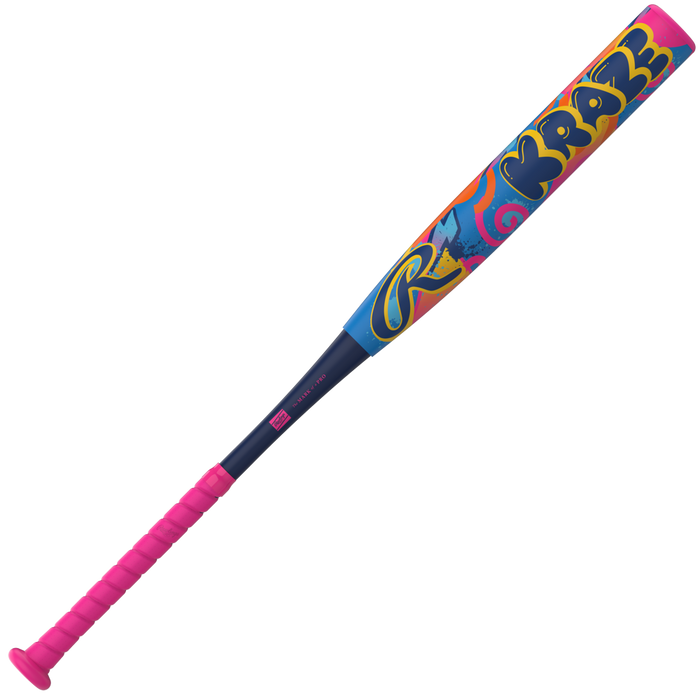 A vibrant Rawlings 2027 Kraze (-13) Fastpitch Softball Bat (RFP7KZ13) featuring a lightweight aluminum barrel, a pink handle, and dynamic blue, yellow, and pink graffiti-style designs with the word “KRAZE” displayed on the barrel.