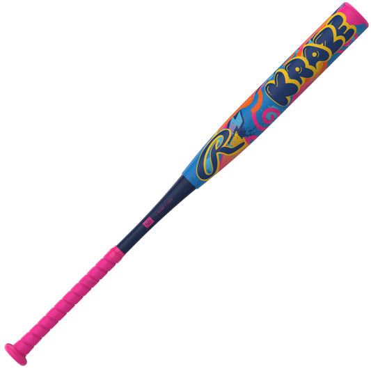 A vibrant Rawlings 2027 Kraze (-13) Fastpitch Softball Bat (RFP7KZ13) featuring a lightweight aluminum barrel, a pink handle, and dynamic blue, yellow, and pink graffiti-style designs with the word “KRAZE” displayed on the barrel.