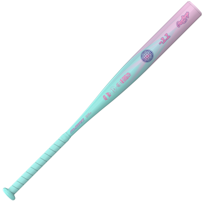 The 2027 Rawlings Ombre (-11) Fastpitch Softball Bat (RFP7O11) features a pastel pink and teal design with a turquoise grip, gradient coloring, and various pink and blue logos and numbers—including its -11 designation. This Rawlings bat is equipped with an X-Tended Sweet Spot to deliver maximum hitting performance.