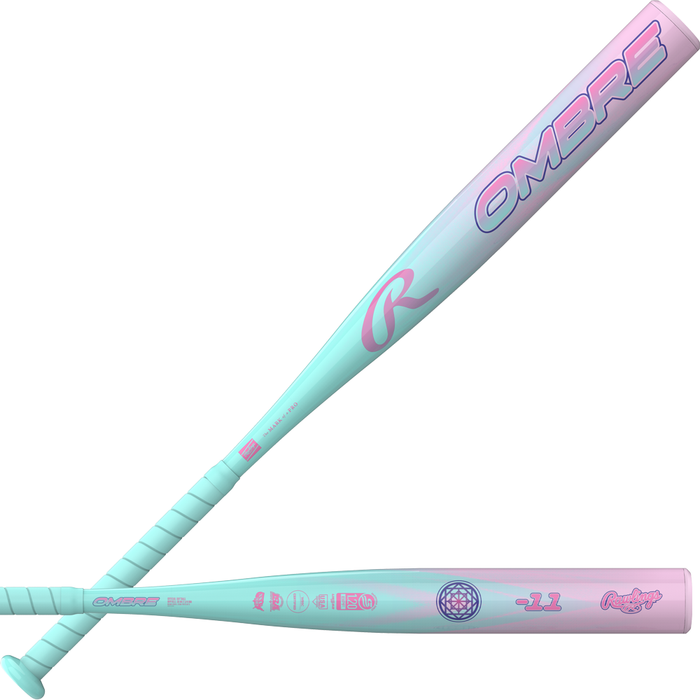 The 2027 Rawlings Ombre (-11) Fastpitch Softball Bat (RFP7O11) features a mint green and pink pastel ombre design with the word “OMBRE” in large letters and various Rawlings logos along the barrel and handle. Designed for enhanced performance, this -11 fastpitch bat includes an X-Tended Sweet Spot.
