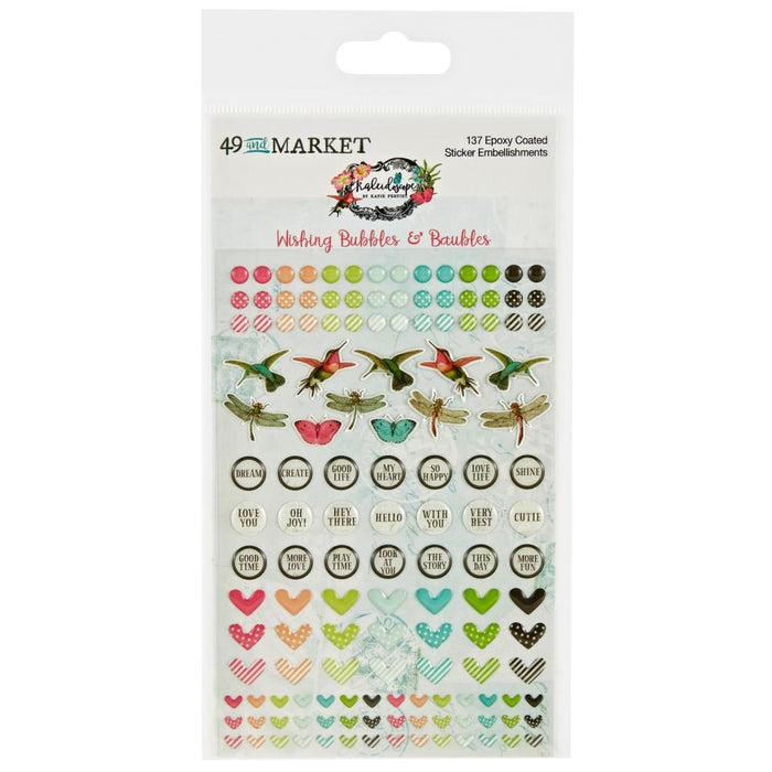 49 And Market - Epoxy Stickers - Wishing Bubble - Kaleidoscope. This pack comes with 137 stickers in an assortment of mini designs including hummingbirds, dragonflies, butterflies, circles, hearts and dots. Available at Embellish Away located in Bowmanville Ontario Canada.