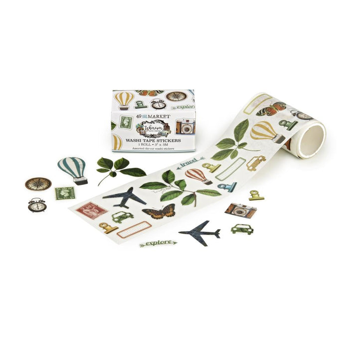 49 And Market - Washi Sticker Roll - Wherever. One roll of assorted die-cut washi stickers. Each 3 inch roll has a repeat of approximately 13 inch long - 27 images repeated for a length of 3 meters. Available at Embellish Away located in Bowmanville Ontario Canada.