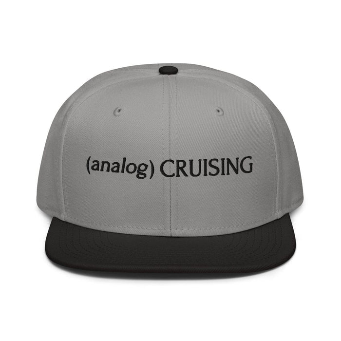 Gray Otto 6 panel snapback with (analog) CRUISING black embroidery, black brim, front view, Leo Herrera x Adam's Nest Provincetown