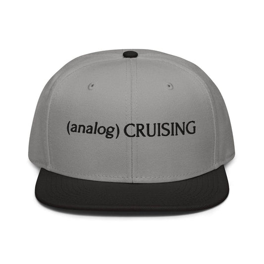 Gray Otto 6 panel snapback with (analog) CRUISING black embroidery, black brim, front view, Leo Herrera x Adam's Nest Provincetown