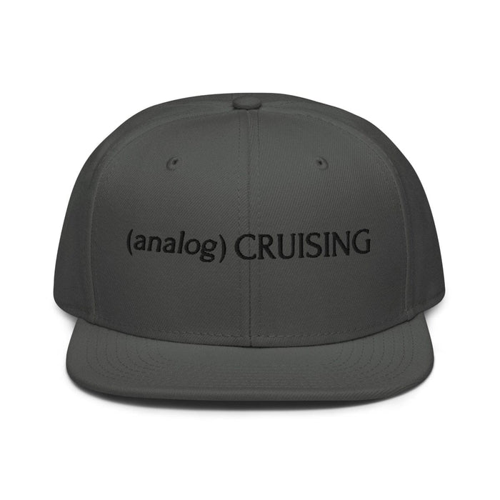 Charcoal Otto 6 panel snapback with (analog) CRUISING black embroidery, ghost front view, Leo Herrera x Adam's Nest Provincetown