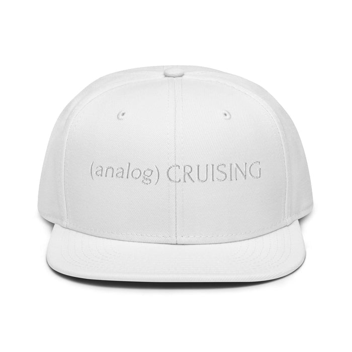 White Otto 6 panel snapback with (analog) CRUISING white embroidery, ghost front view, Leo Herrera x Adam's Nest Provincetown