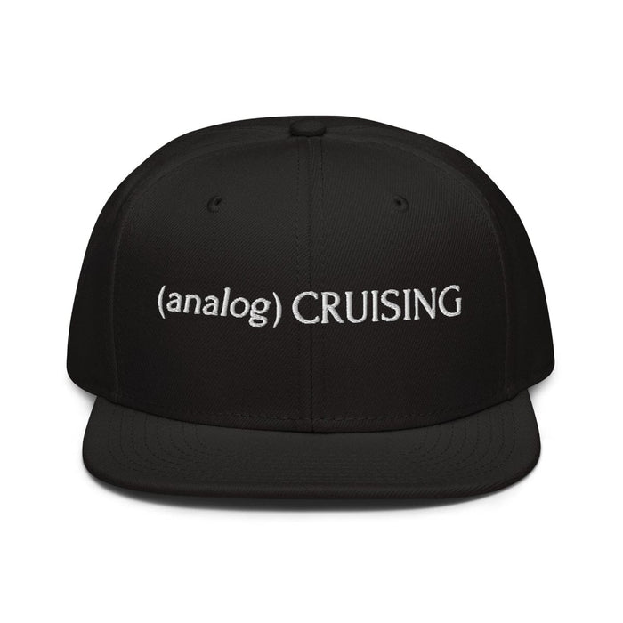 Black Otto 6 panel snapback with (analog) CRUISING white embroidery, ghost front view, Leo Herrera x Adam's Nest Provincetown