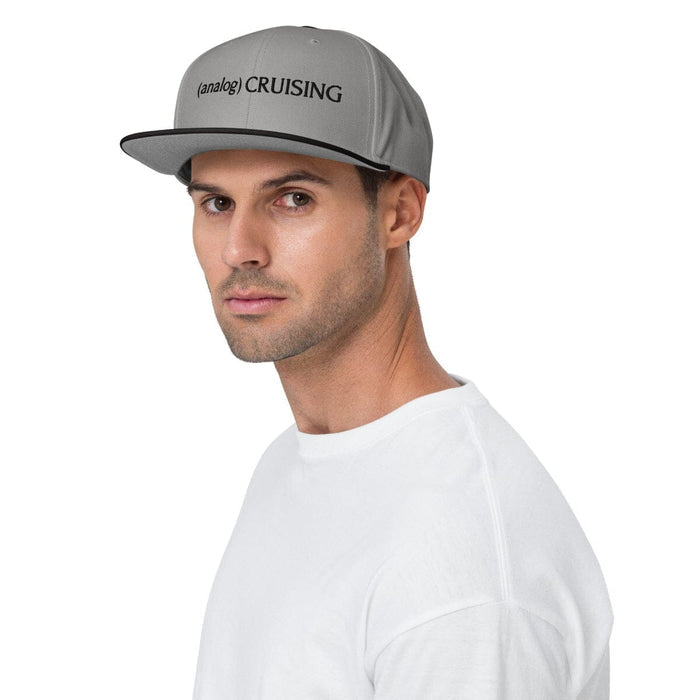 Male model wearing black / gray / gray Otto (analog) CRUISING snapback, right front view, Leo Herrera x Adam's Nest collaboration Provincetown
