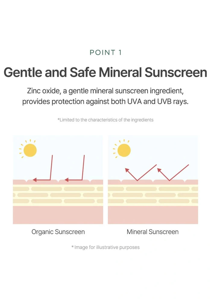 Diagram comparing organic and mineral sunscreen with zinc oxide, on a white background.