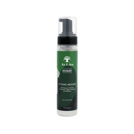 As I Am Rosemary Styling Mousse 8oz bottle with foaming pump for crunchy-free flexible hold and hair nourishment