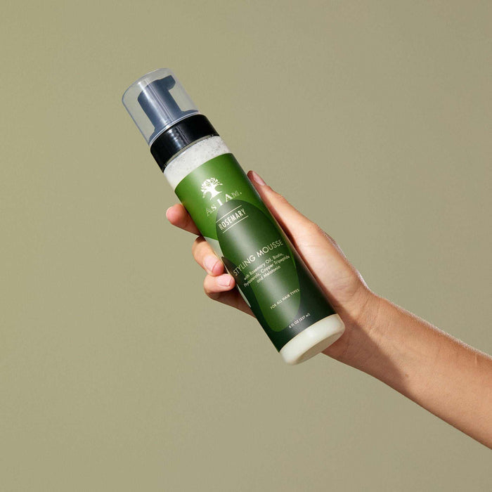 As I Am Rosemary Styling Mousse 8oz bottle with foaming pump dispenser for flexible, crunch-free hold and hair nourishment