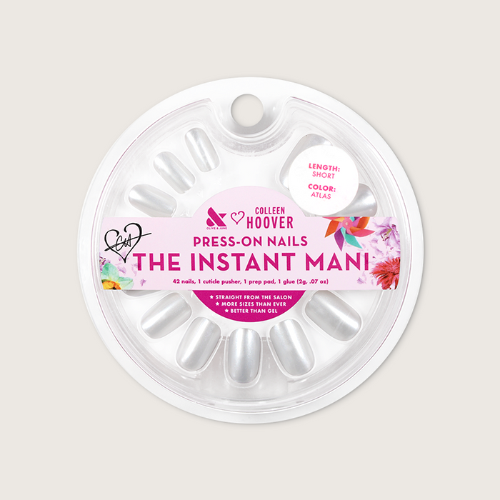 Atlas - Press-On | Short | Squoval showing short squoval pearly white false nails in round clear packaging with branded label