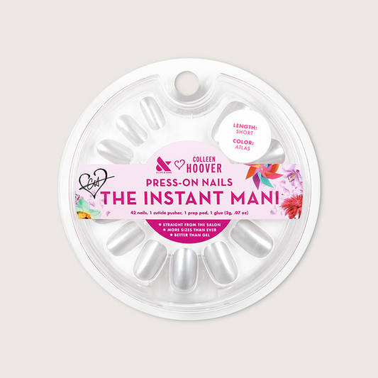 Atlas - Press-On | Short | Squoval showing short squoval pearly white false nails in round clear packaging with branded label