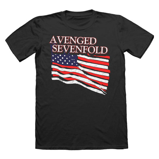 Black tee on a white background. American flag printed on the chest. Above, text Avenged Sevenfold in white with red borders.