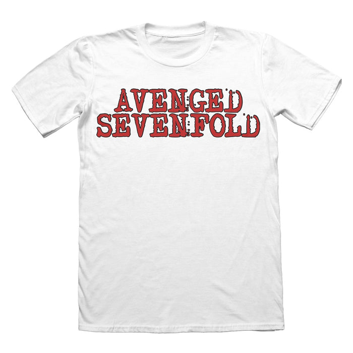White tee on a white background. Red text on the chest that reads Avenged Sevenfold.