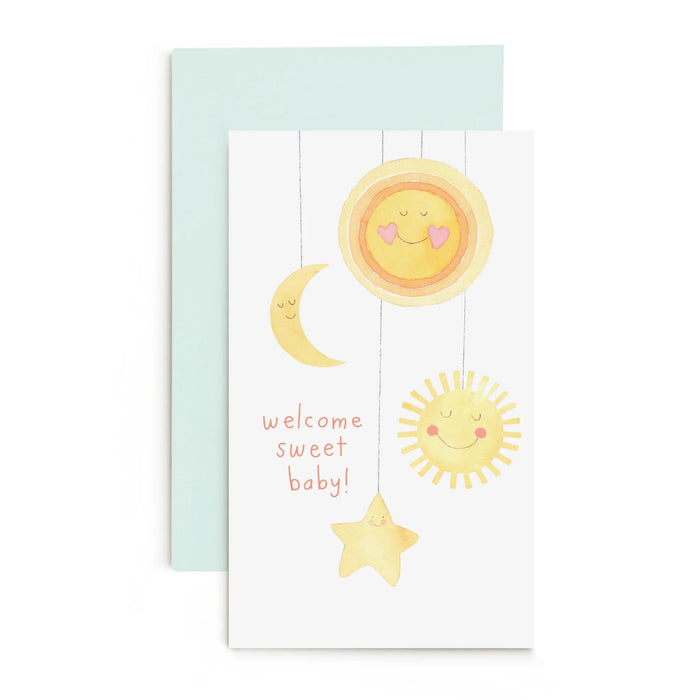 Baby mobile enclosure card with moon, sun, star and “welcome sweet baby” text